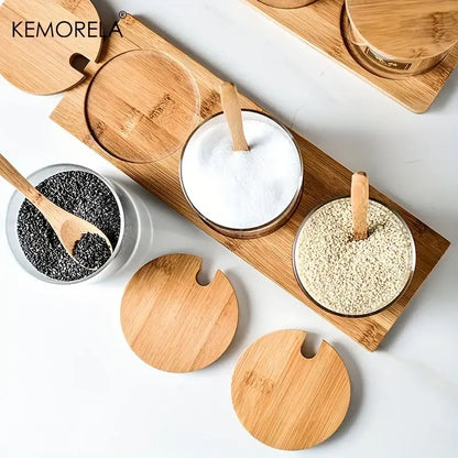 Minimalist glass spice jar set with bamboo lids – kitchen organizer