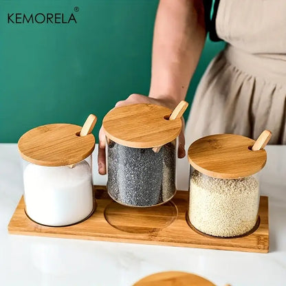 Minimalist glass spice jar set with bamboo lids – kitchen organizer
