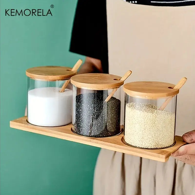 Minimalist glass spice jar set with bamboo lids – kitchen organizer