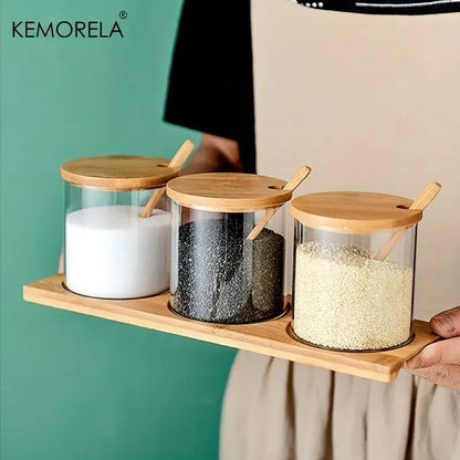 Minimalist glass spice jar set with bamboo lids – kitchen organizer