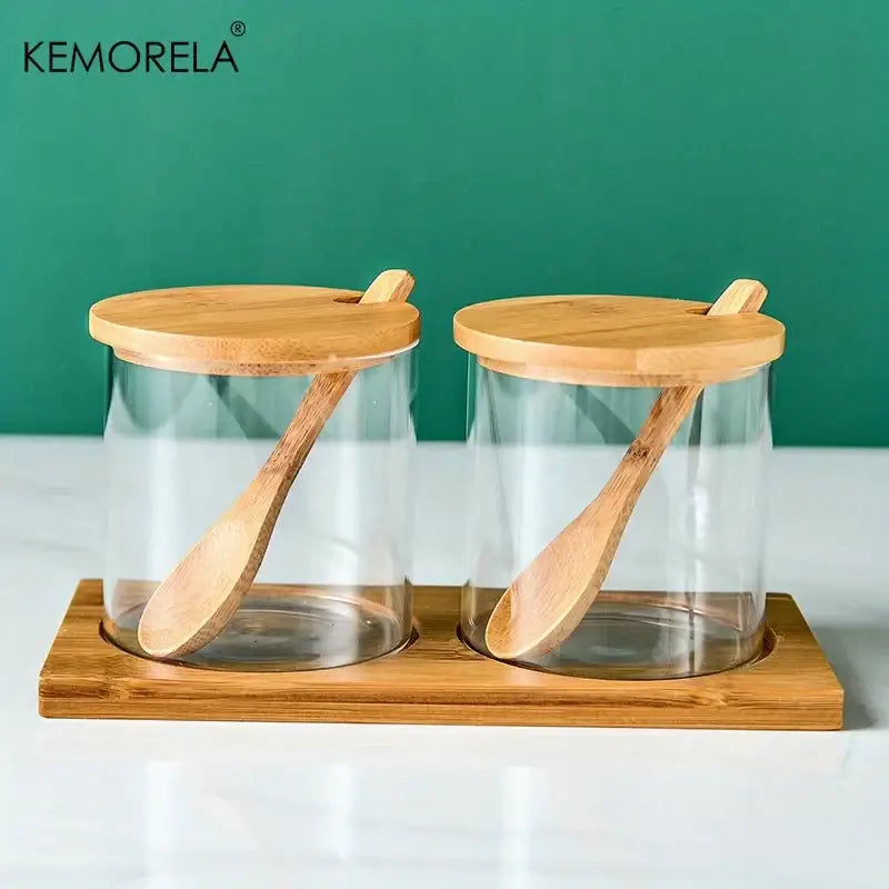 Minimalist glass spice jar set with bamboo lids – kitchen organizer