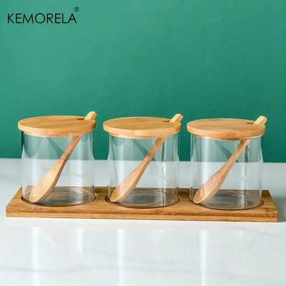Minimalist glass spice jar set with bamboo lids – kitchen organizer