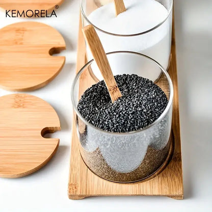 Minimalist glass spice jar set with bamboo lids – kitchen organizer