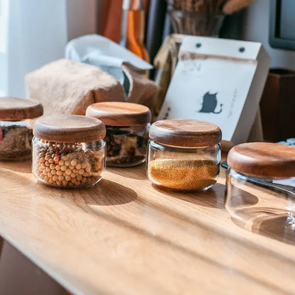 Minimalist glass spice jar with acacia wood lid kitchen storage
