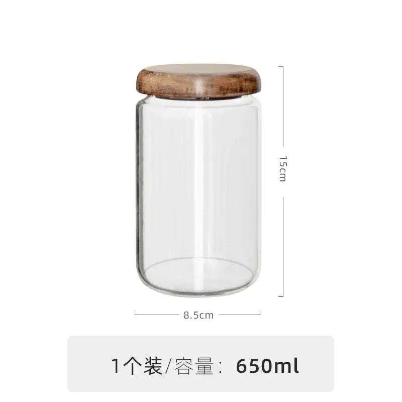 Minimalist glass spice jar with acacia wood lid kitchen storage