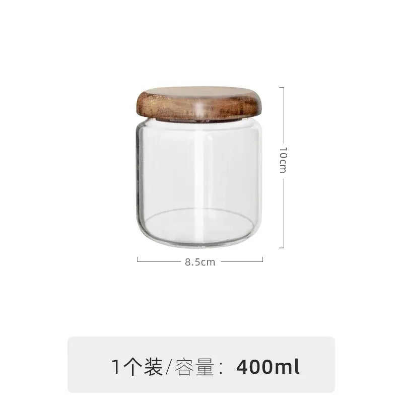Minimalist glass spice jar with acacia wood lid kitchen storage