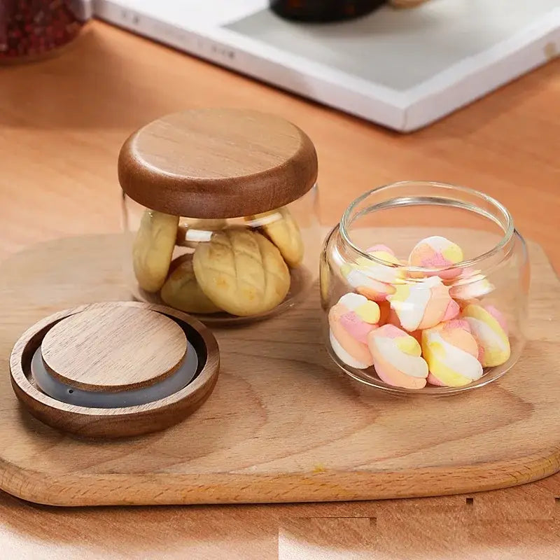 Minimalist glass spice jar with acacia wood lid kitchen storage