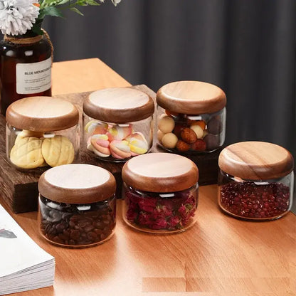 Minimalist glass spice jar with acacia wood lid kitchen storage
