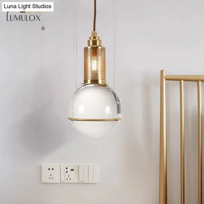 Minimalist globe crystal shade hanging lamp living room brass mesh