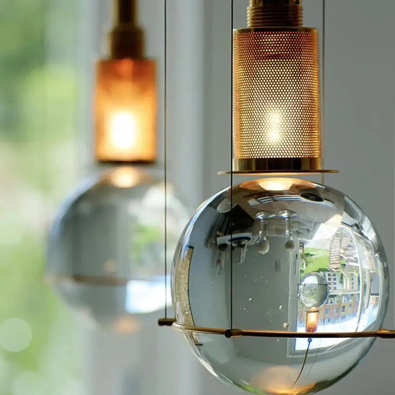 Minimalist globe crystal shade hanging lamp living room brass mesh
