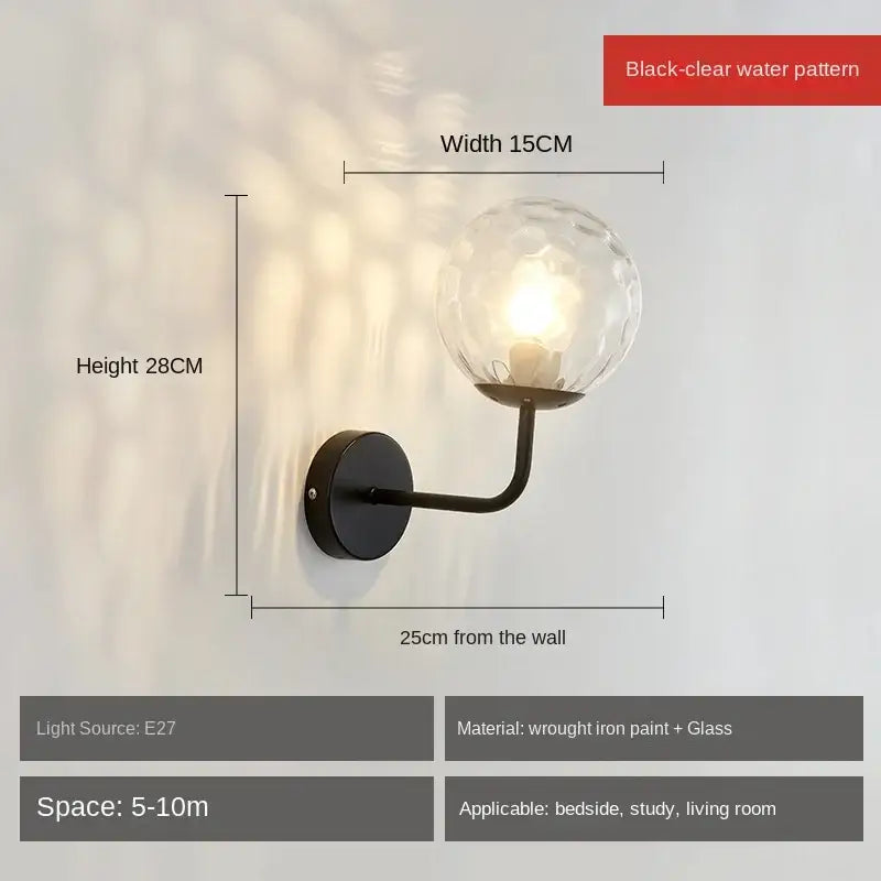 Minimalist gold & black glass ball led wall lamp bedroom light