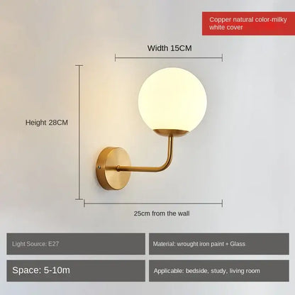 Minimalist gold & black glass ball led wall lamp bedroom light