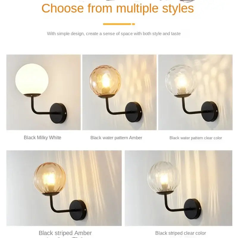 Minimalist gold & black glass ball led wall lamp bedroom light