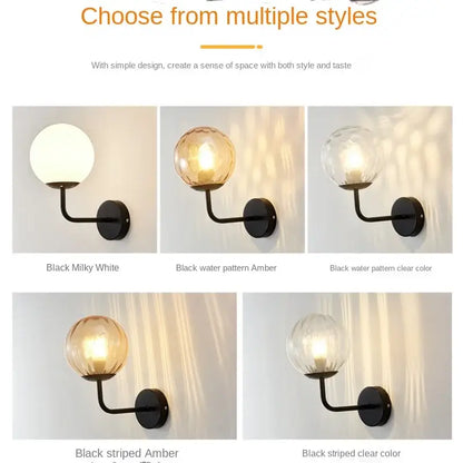 Minimalist gold & black glass ball led wall lamp bedroom light