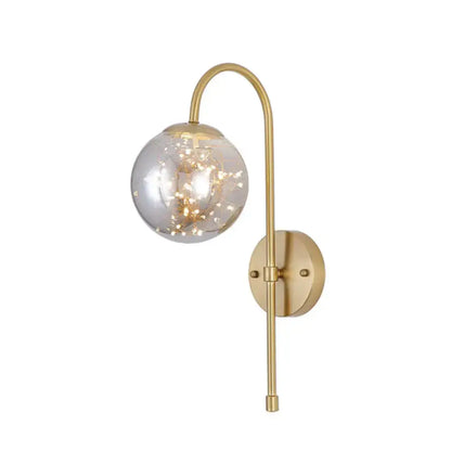 Minimalist gold gooseneck wall light with fairy light globe bedroom