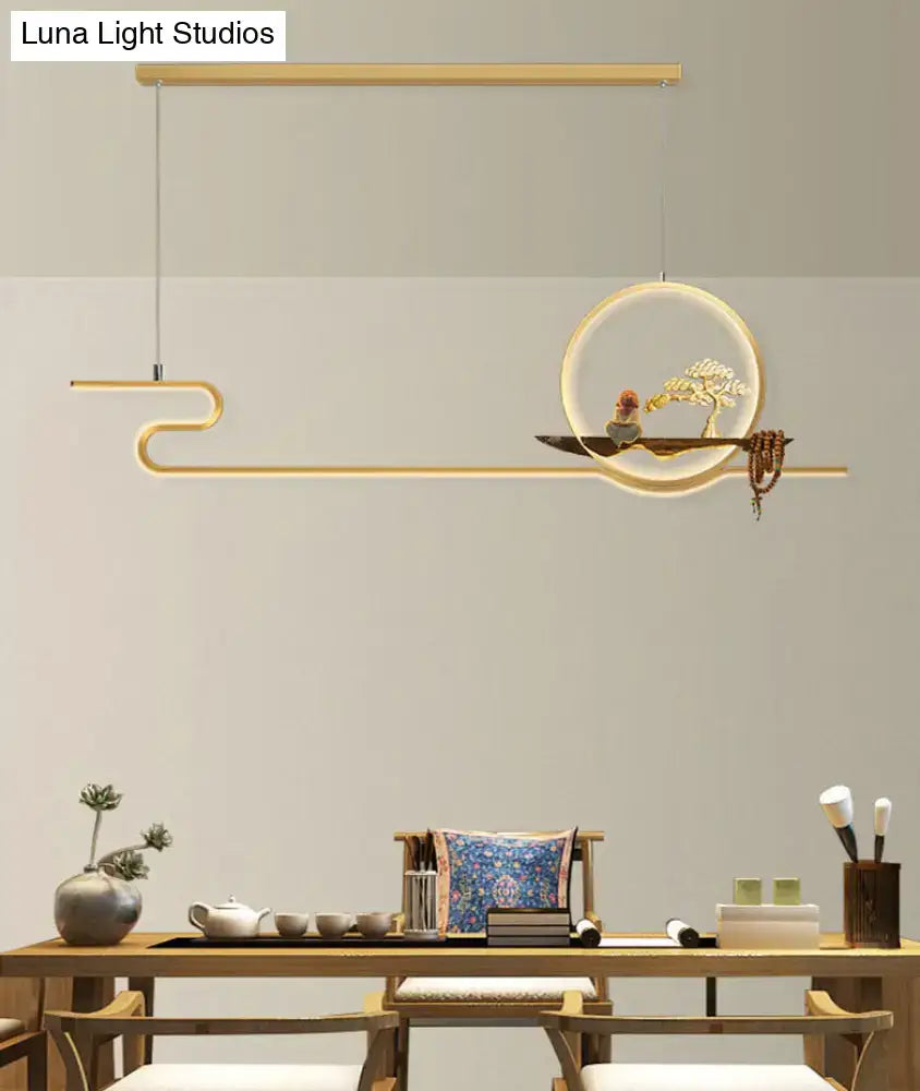 Minimalist gold linear hanging lamp study room bonsai tree design