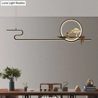 Minimalist gold linear hanging lamp study room bonsai tree design