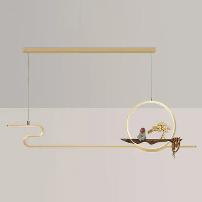 Minimalist gold linear hanging lamp study room bonsai tree design