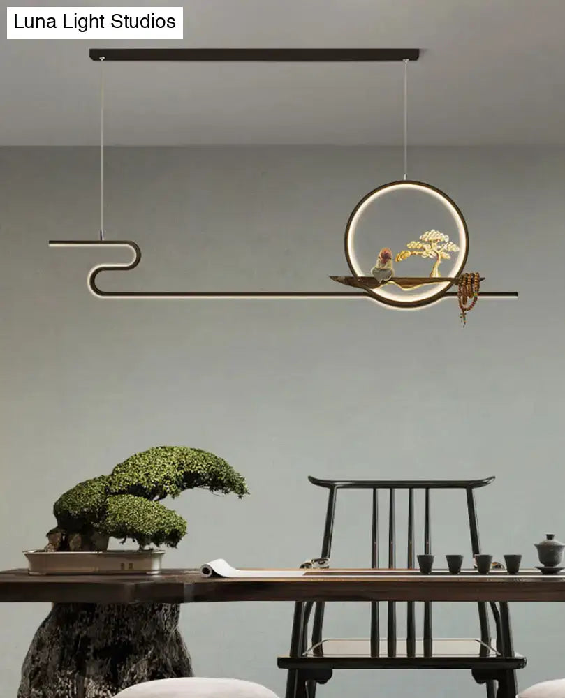 Minimalist gold linear hanging lamp study room bonsai tree design