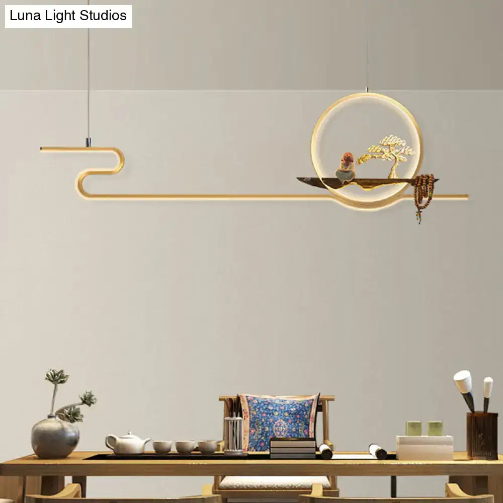 Minimalist gold linear hanging lamp study room bonsai tree design