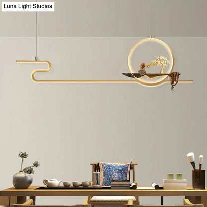 Minimalist gold linear hanging lamp study room bonsai tree design