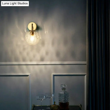 Minimalist gold rippled glass sphere wall lamp for bedroom