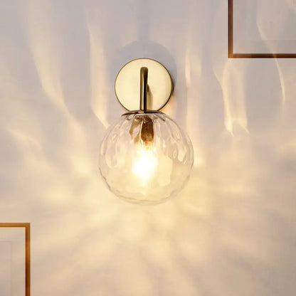 Minimalist gold rippled glass sphere wall lamp for bedroom
