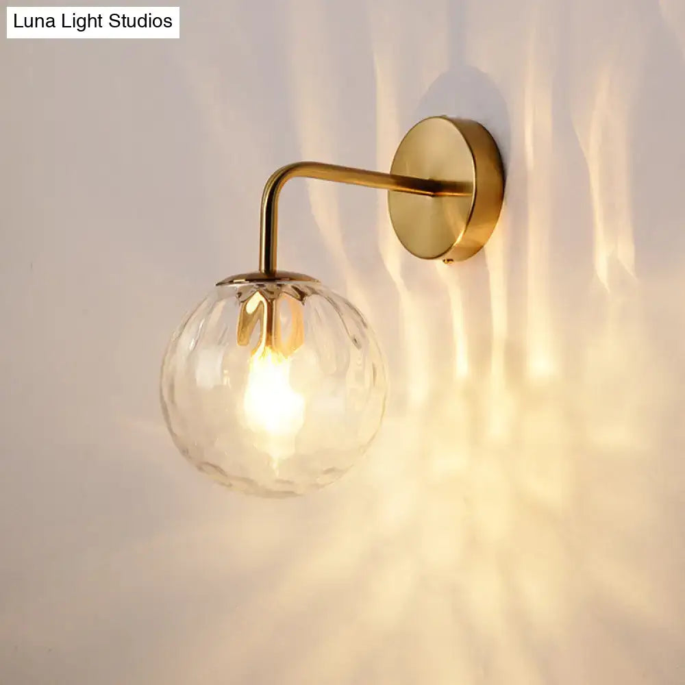 Minimalist gold rippled glass sphere wall lamp for bedroom