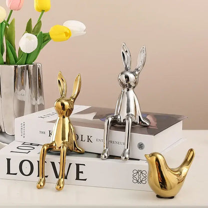 Minimalist gold & silver rabbit ceramic ornaments living room decor
