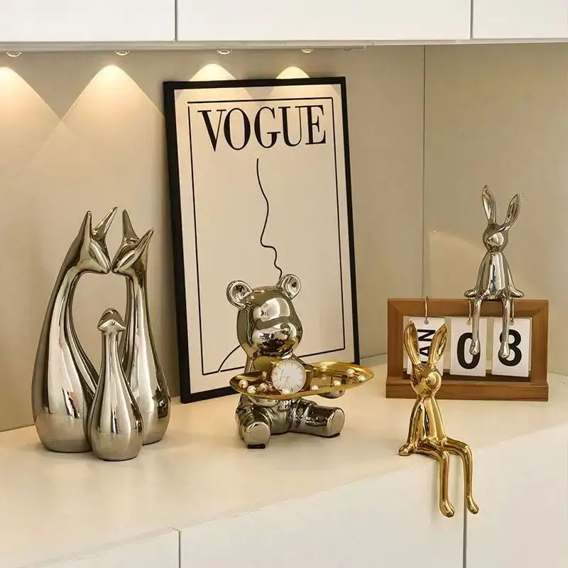 Minimalist gold & silver rabbit ceramic ornaments living room decor