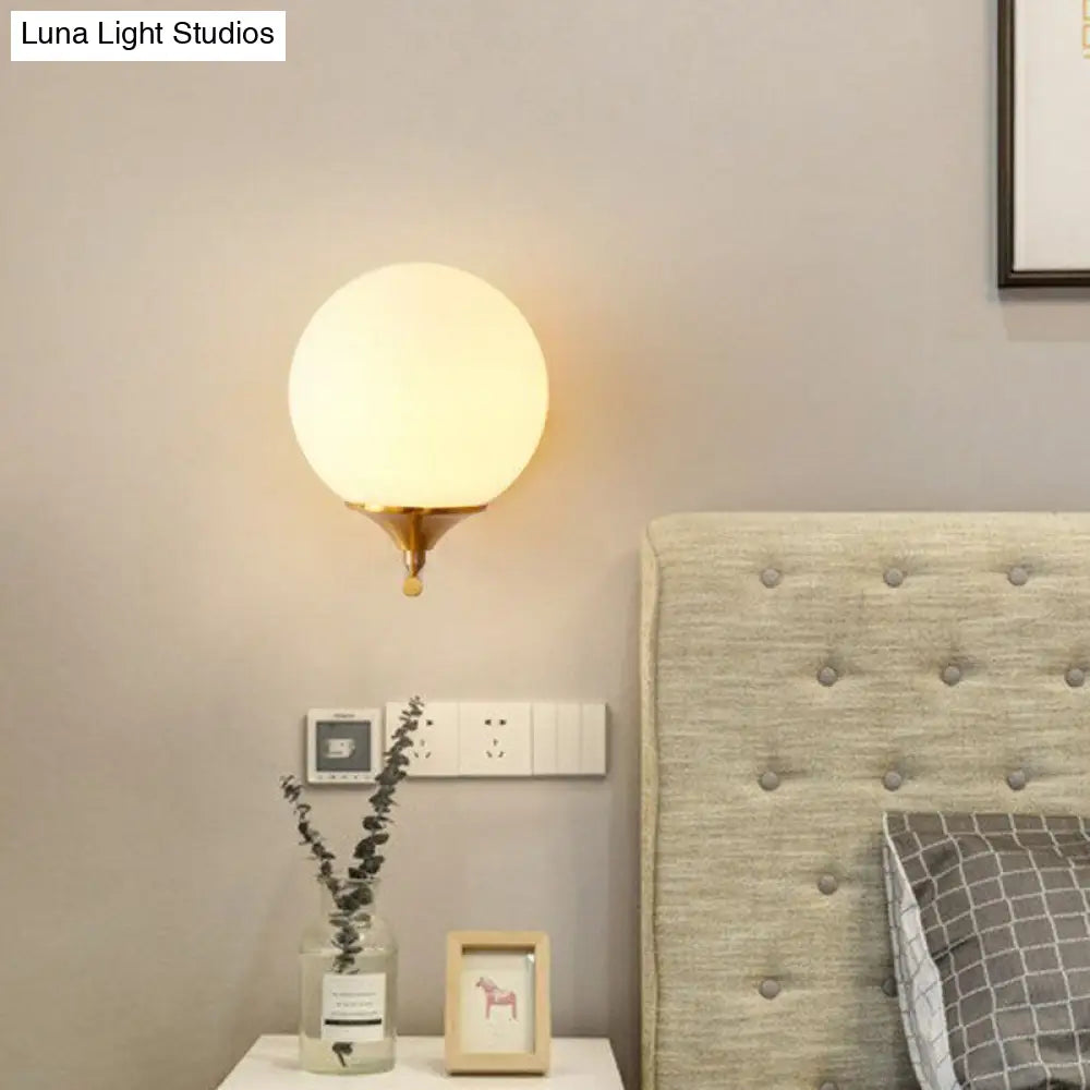 DecorBites™ Minimalist Gold Sphere Bedside Wall Sconce - 1-Light Milk Glass Wall Mounted Light with Right Angle Arm