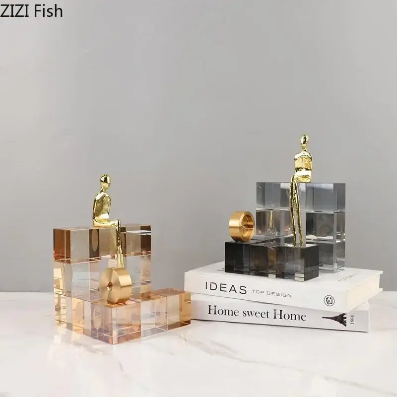 Minimalist golden thinker crystal base sculpture for office desk decor