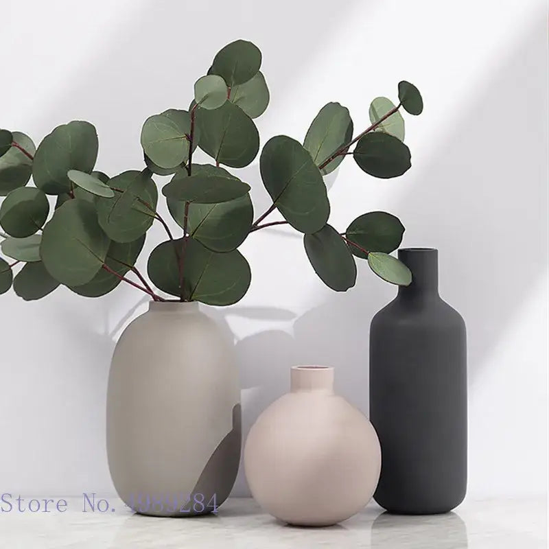 Minimalist gray pink and charcoal colorful ceramic vase living room decor
