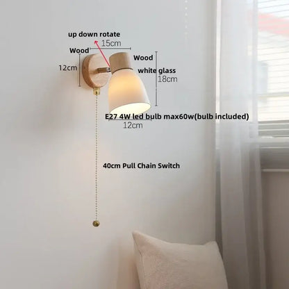 Minimalist iron wood led wall lamp bedroom light with pull chain