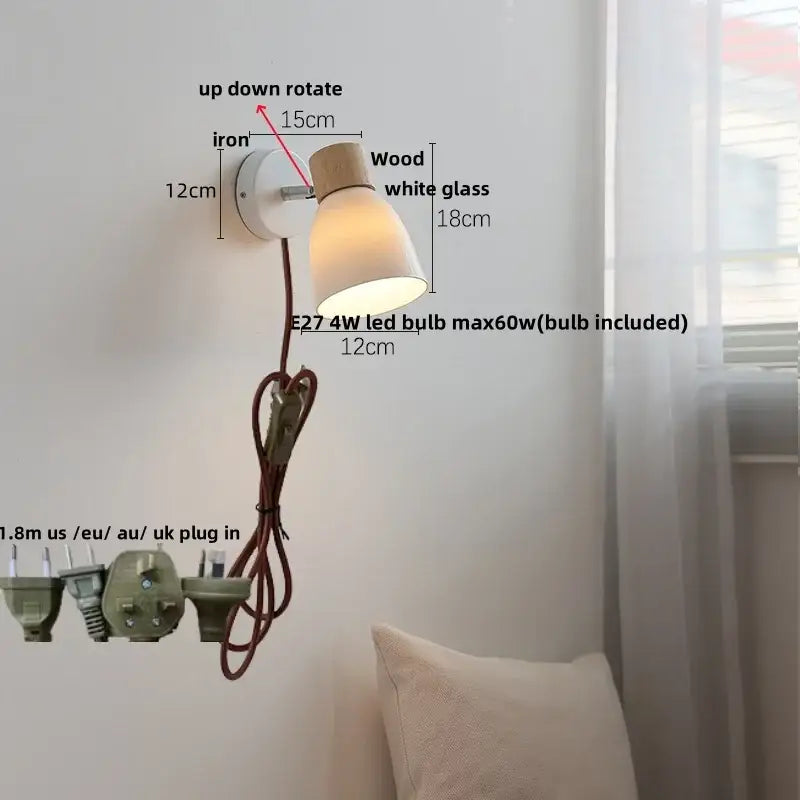 Minimalist iron wood led wall lamp bedroom light with pull chain
