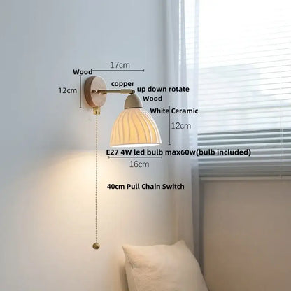 Minimalist iron wood led wall lamp bedroom light with pull chain