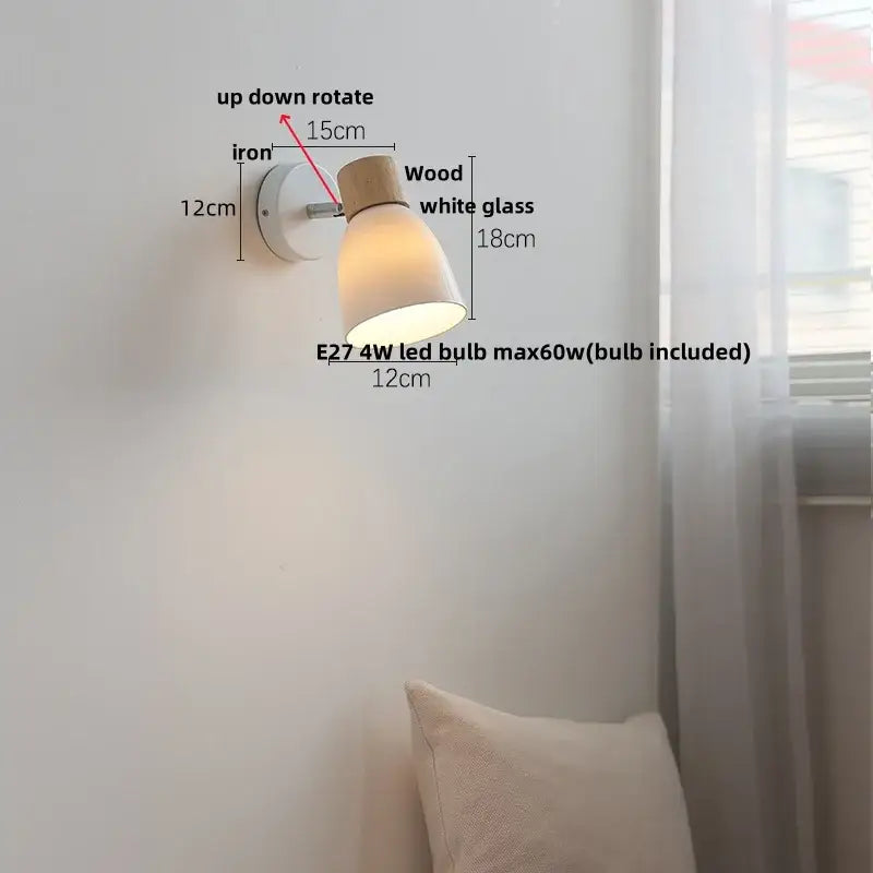 Minimalist iron wood led wall lamp bedroom light with pull chain