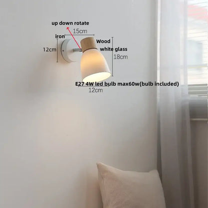 Minimalist iron wood led wall lamp bedroom light with pull chain