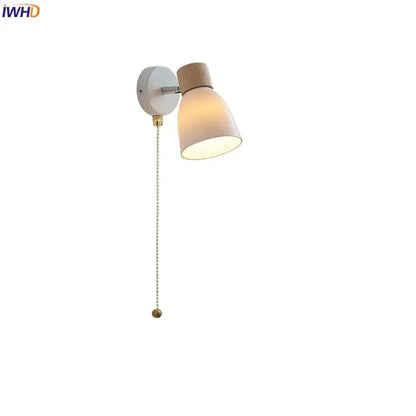 Minimalist iron wood led wall lamp bedroom light with pull chain
