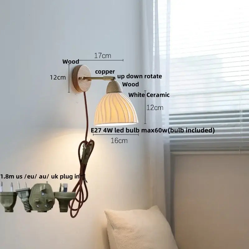 Minimalist iron wood led wall lamp bedroom light with pull chain