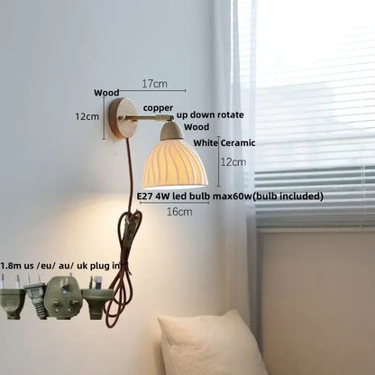 Minimalist iron wood led wall lamp bedroom light with pull chain