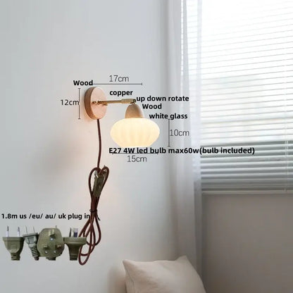 Minimalist iron wood led wall lamp bedroom light with pull chain