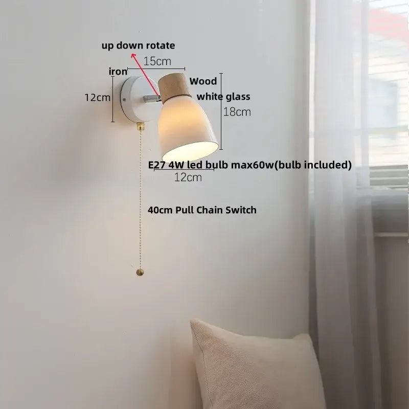 Minimalist iron wood led wall lamp bedroom light with pull chain