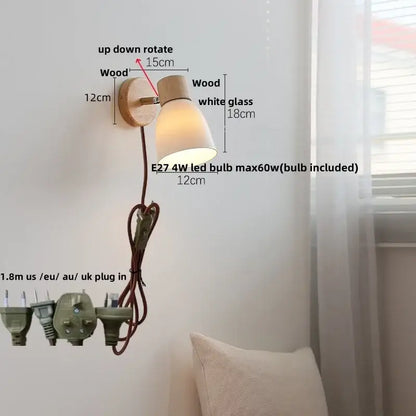 Minimalist iron wood led wall lamp bedroom light with pull chain