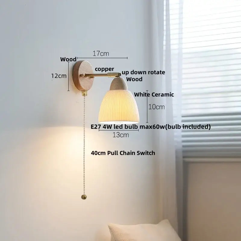 Minimalist iron wood led wall lamp bedroom light with pull chain