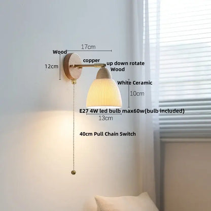 Minimalist iron wood led wall lamp bedroom light with pull chain
