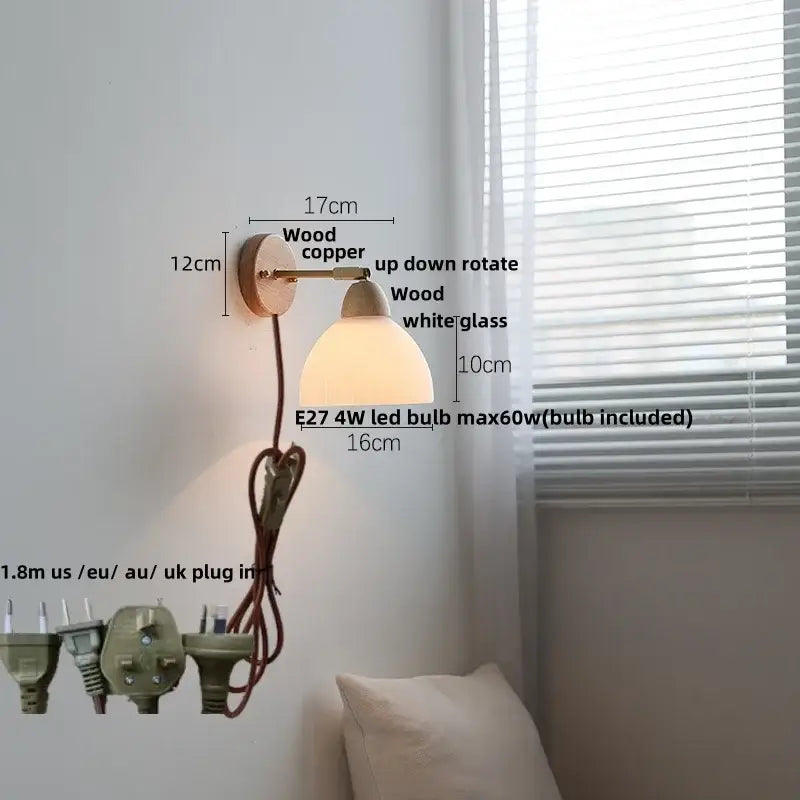 Minimalist iron wood led wall lamp bedroom light with pull chain