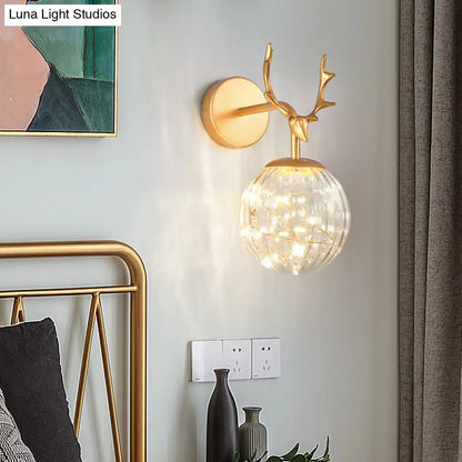 DecorBites™ Minimalist LED Bedroom Sconce with Antler and Glass Design - Wall Mount Lamp with Starry String