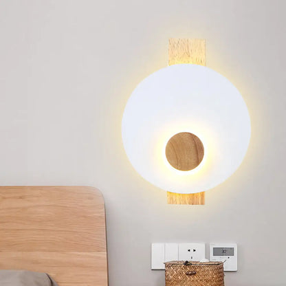 DecorBites™ Minimalist LED Metal Disk Wall Light Fixture with Wood Backplate - Black/Grey/White