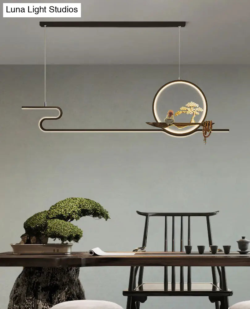 DecorBites™ Minimalist Linear Hanging Lamp with Metal Frame, LED Lighting, Monk and Tree Design – Ideal for Study Room and Island Décor